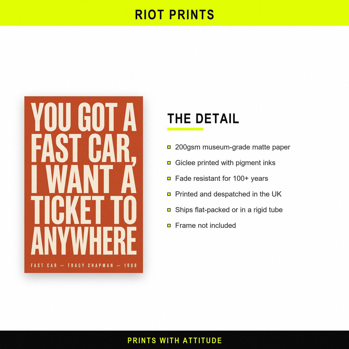 Fast Car Lyrics Print paper and printing specification
