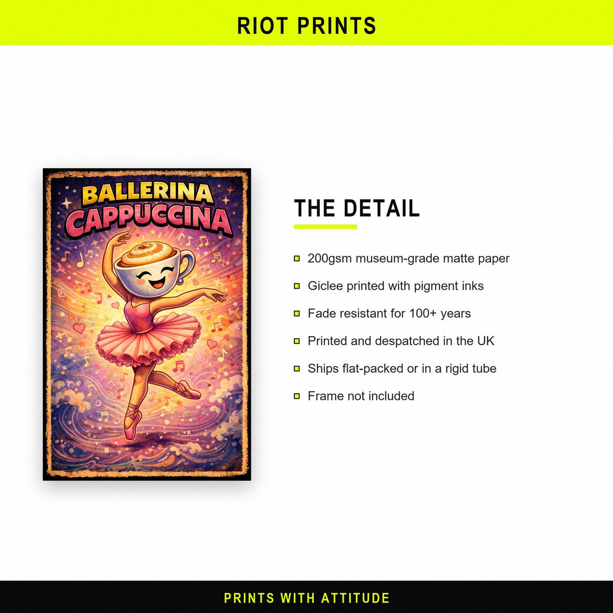 Ballerina Cappuccina Wall Art – Italian Brainrot Ballet Print for Girls paper and printing specification