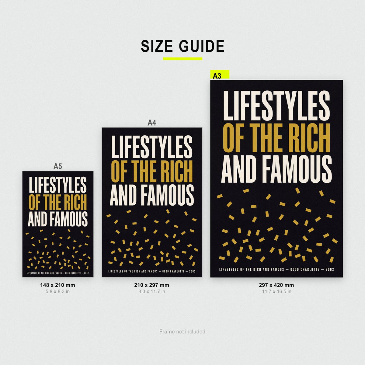 Lifestyles Of The Rich And Famous Lyrics Print size guide showing A3, A4 and A5