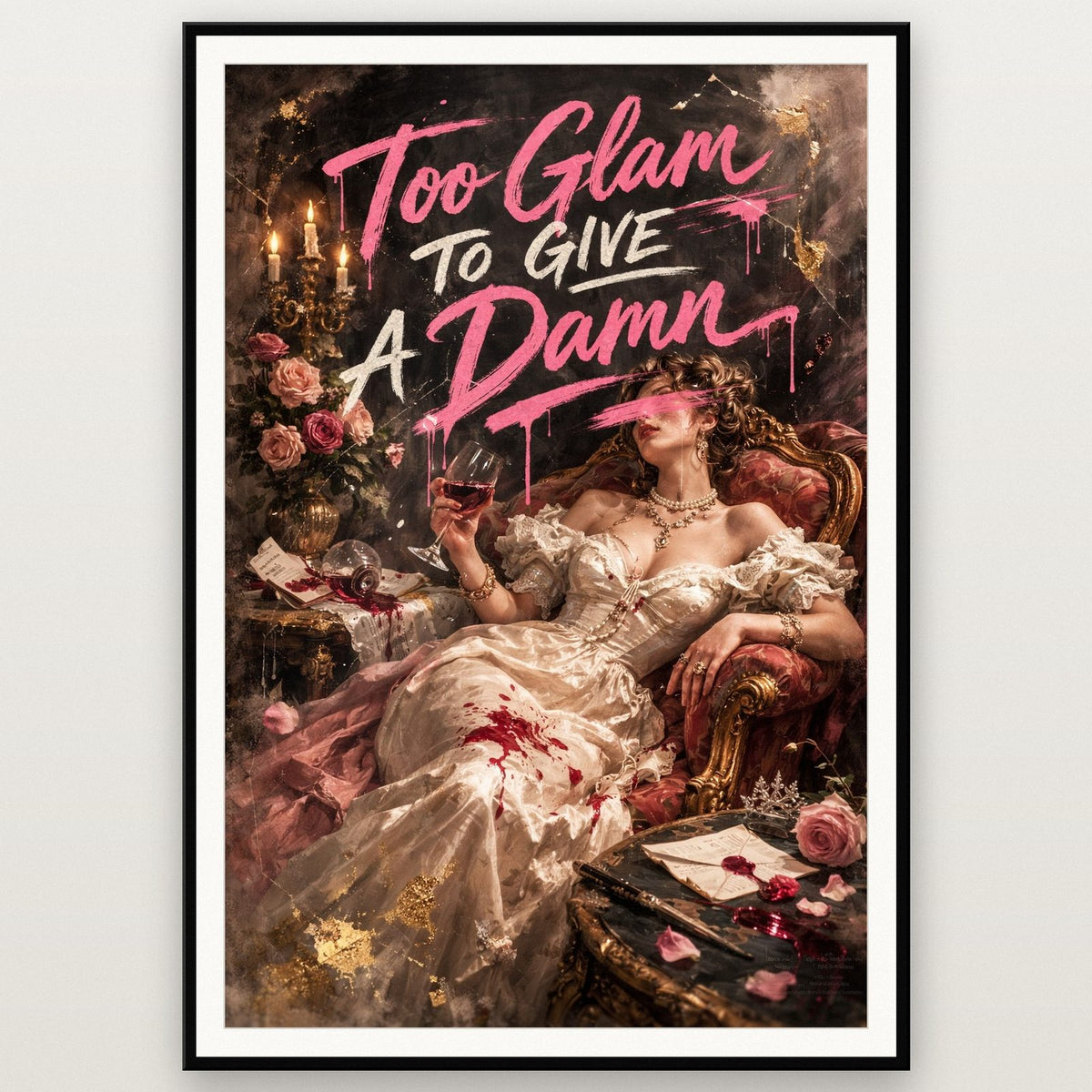 Too Glam To Give A Damn Print shown in a black frame