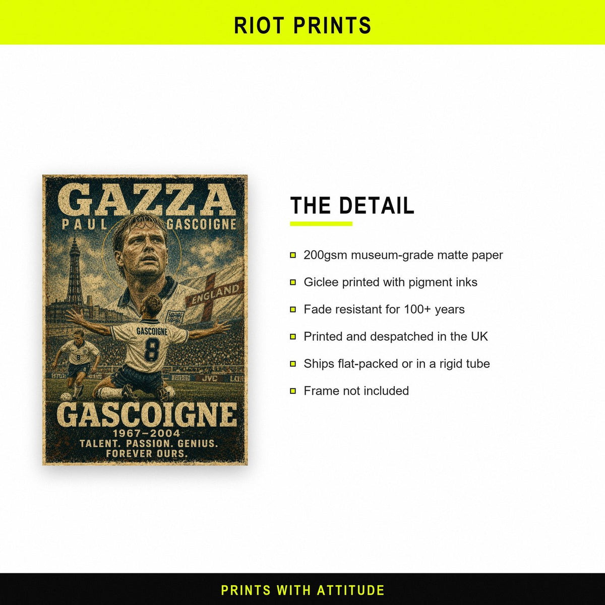 Paul Gascoigne England Football Legend Poster paper and printing specification