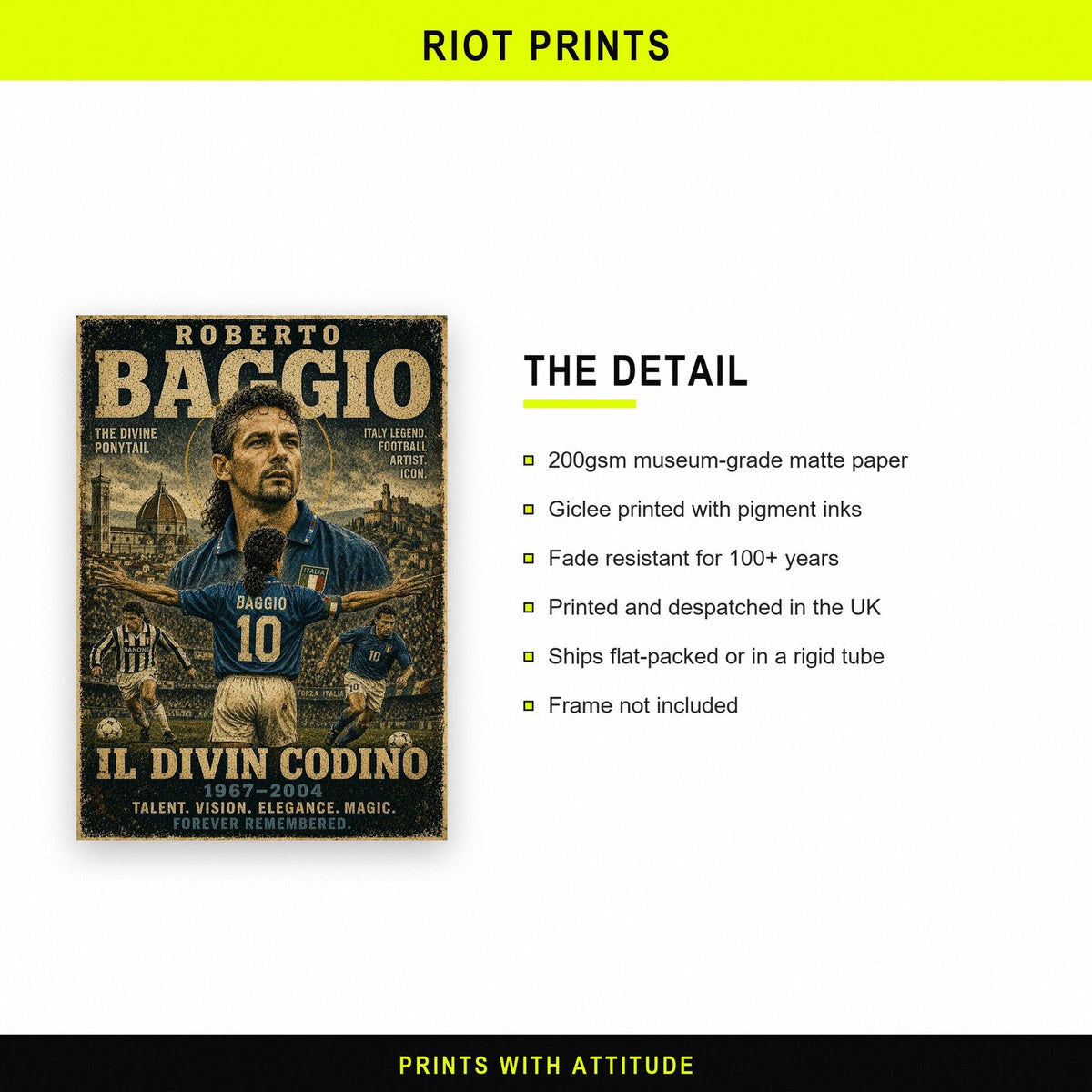 Roberto Baggio Vintage Football Poster paper and printing specification