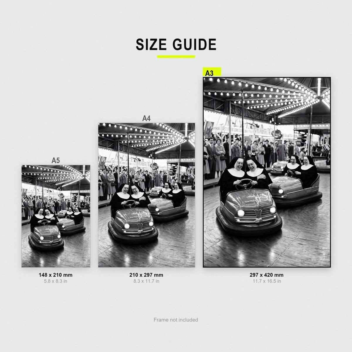 Nuns On The Dodgems print size comparison, A5 A4 and A3