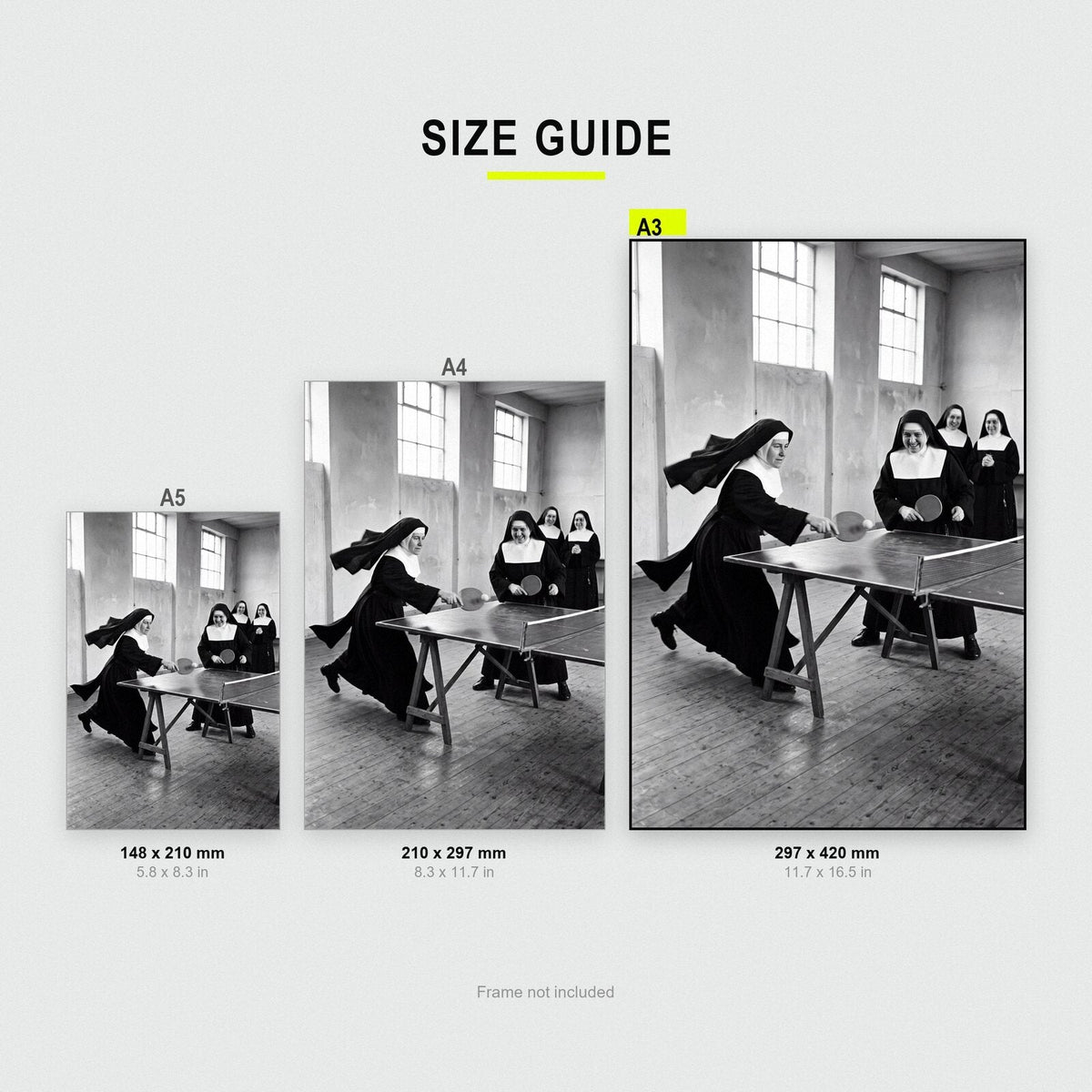 Nuns Playing Table Tennis print size comparison, A5 A4 and A3