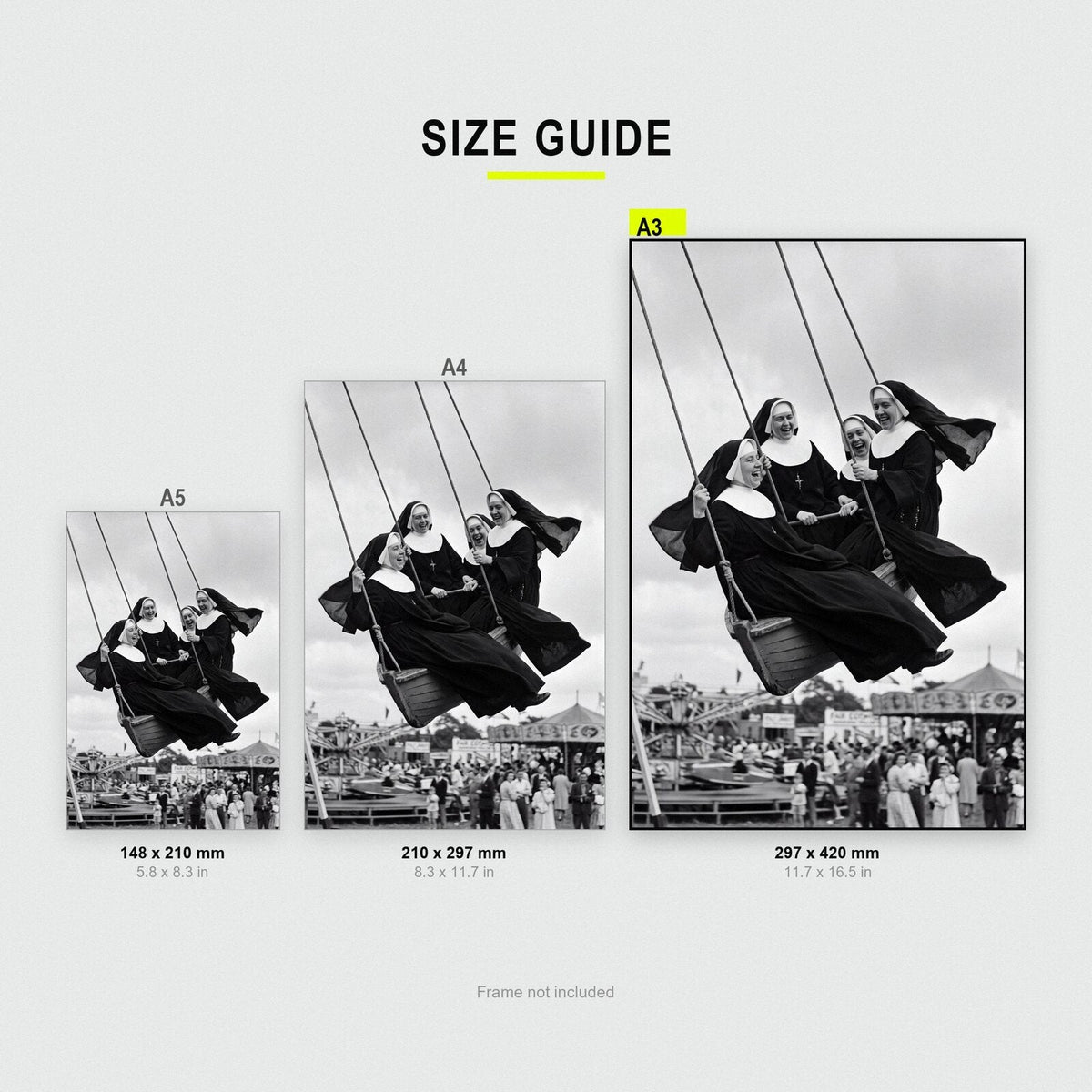 Nuns On The Swingboats print size comparison, A5 A4 and A3