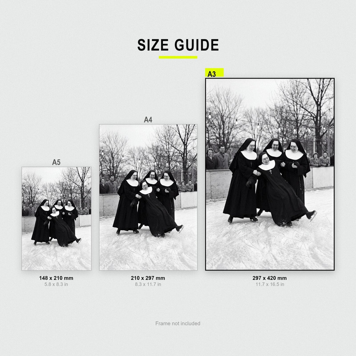 Nuns At The Ice Rink print size comparison, A5 A4 and A3