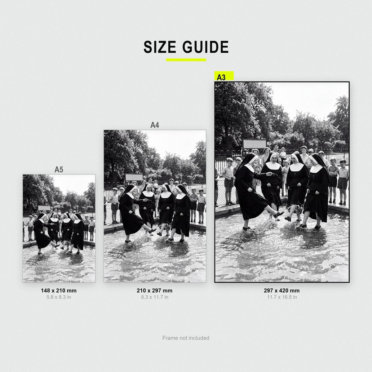 Nuns In The Paddling Pool print size comparison, A5 A4 and A3
