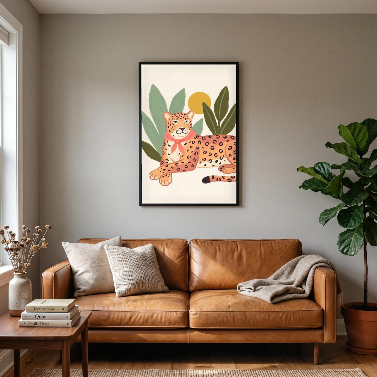 Sunroom illustrated art prints framed in a living room