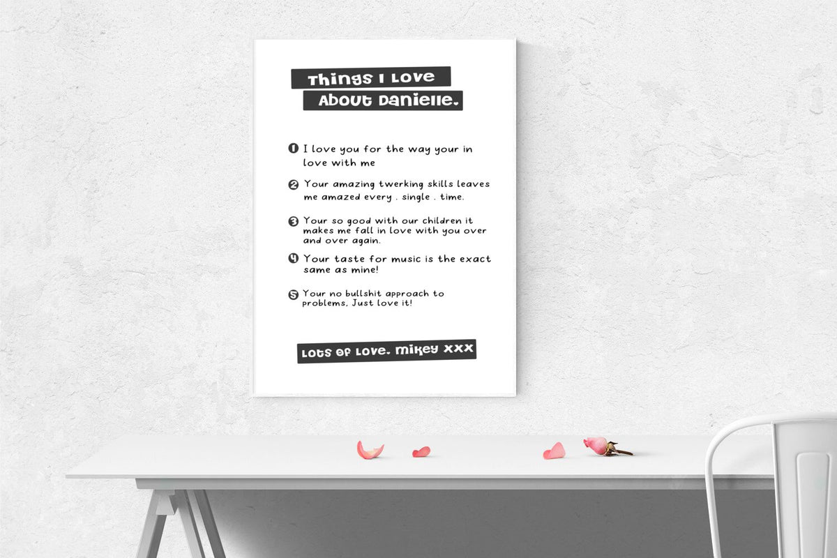 Personalised Funny Couples Print: Things I Love About You size guide showing A3, A4 and A5
