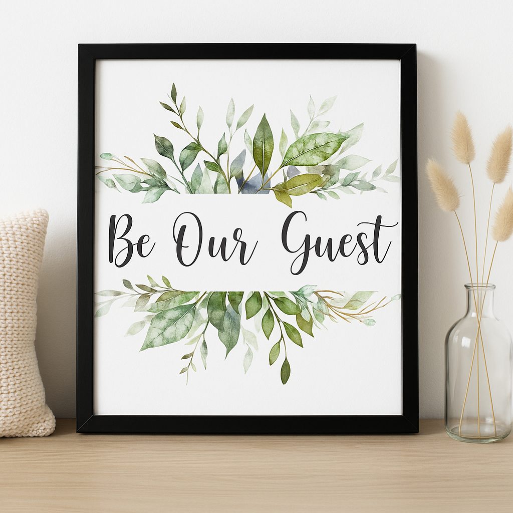Greenery Be Our Guest Print: Watercolor Botanical Guest Room Wall Art hanging on a living room wall