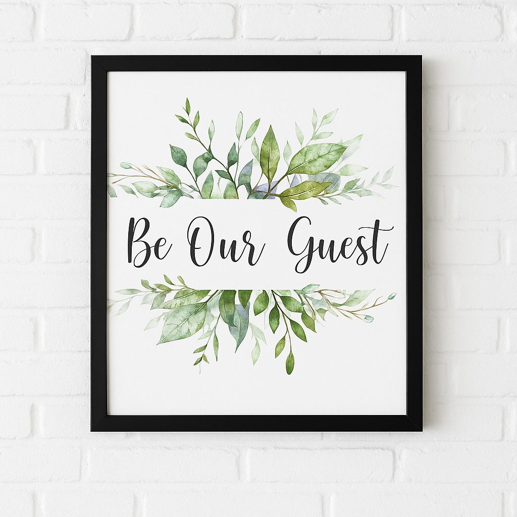 Greenery Be Our Guest Print: Watercolor Botanical Guest Room Wall Art size guide showing A3, A4 and A5