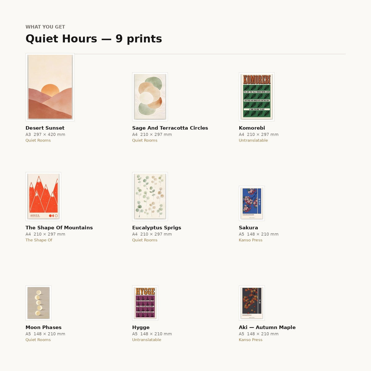 What is included in the Quiet Hours 9-print feature wall