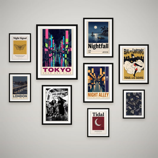 After Dark feature wall — 9 framed prints hung as a gallery wall