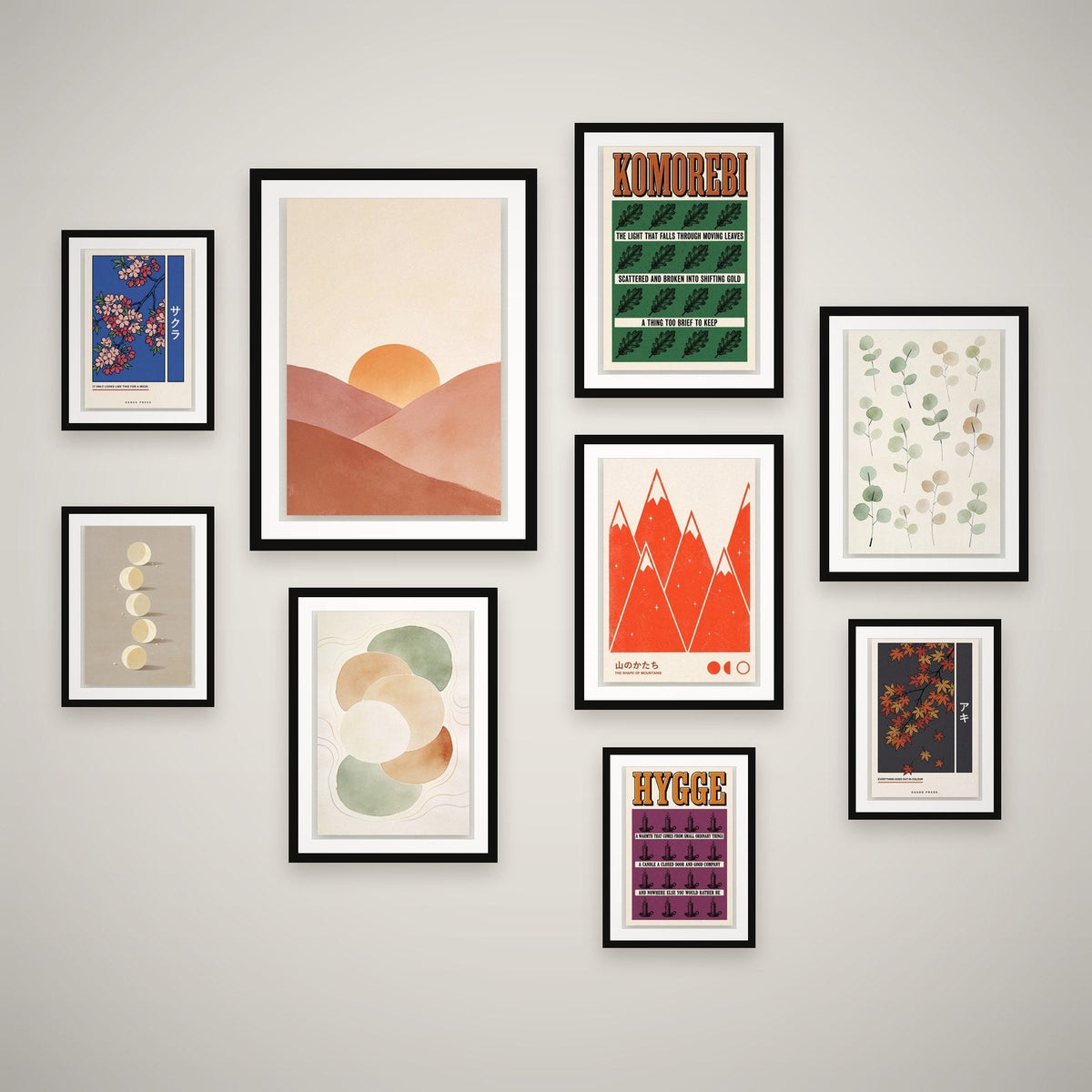 Quiet Hours feature wall — 9 framed prints hung as a gallery wall
