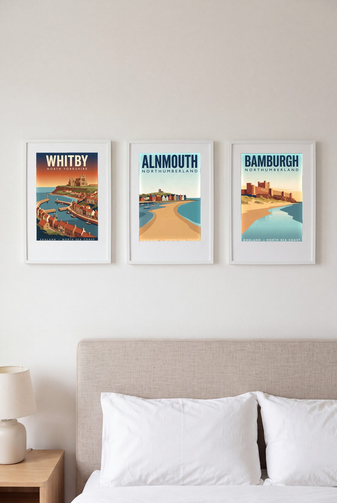 UK Coast Print Set of 3 hanging on a living room wall