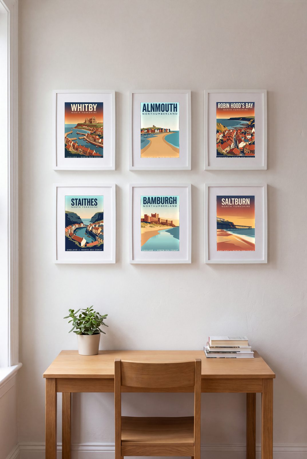 UK Coast Print Set of 6 shown in a black frame
