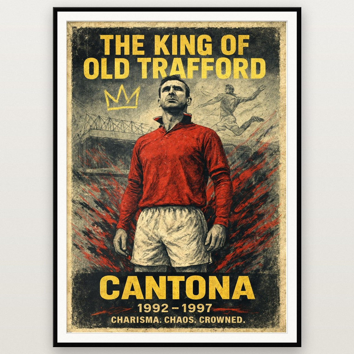 Eric Cantona Football Art Print shown in a black frame