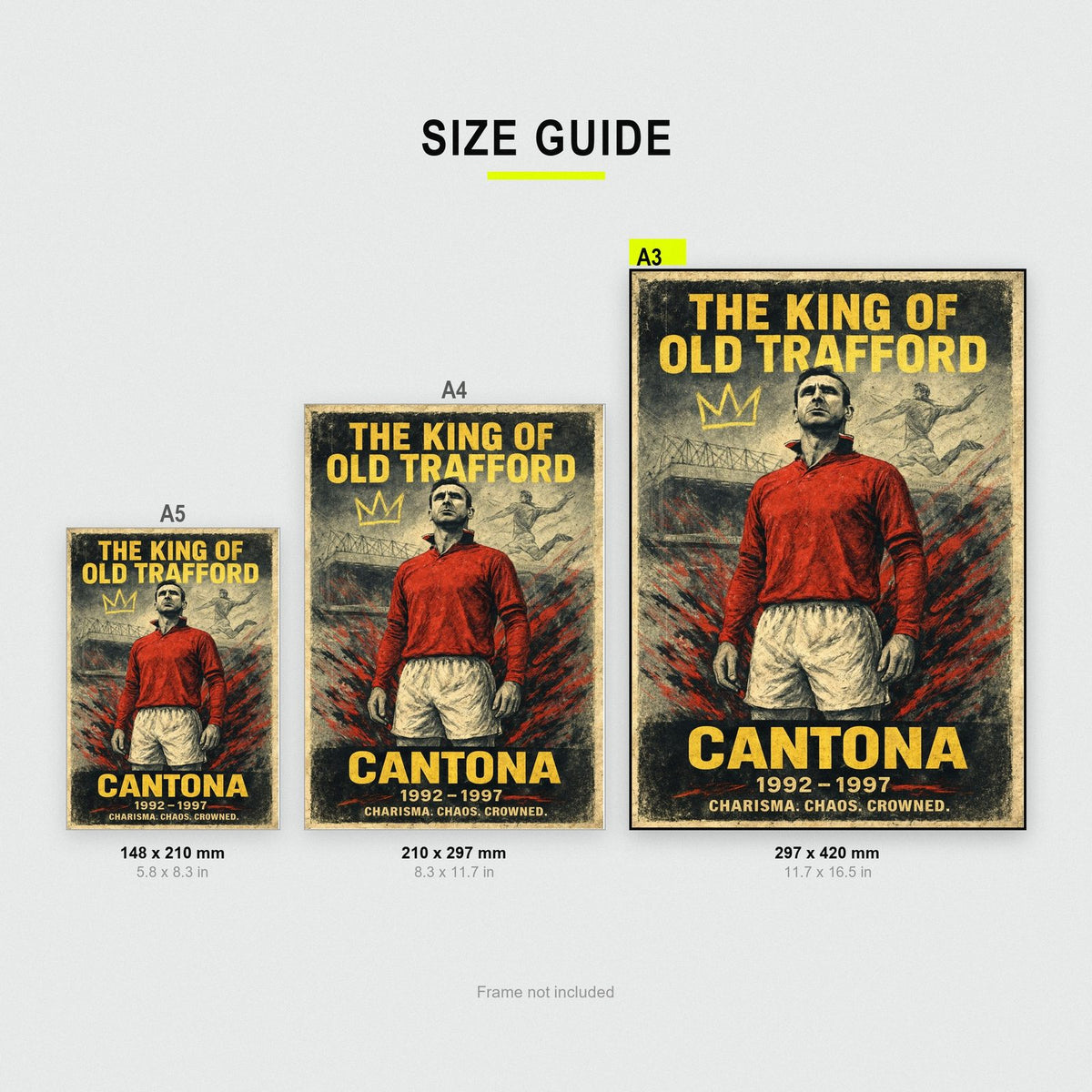 Eric Cantona Football Art Print size guide showing A3, A4 and A5