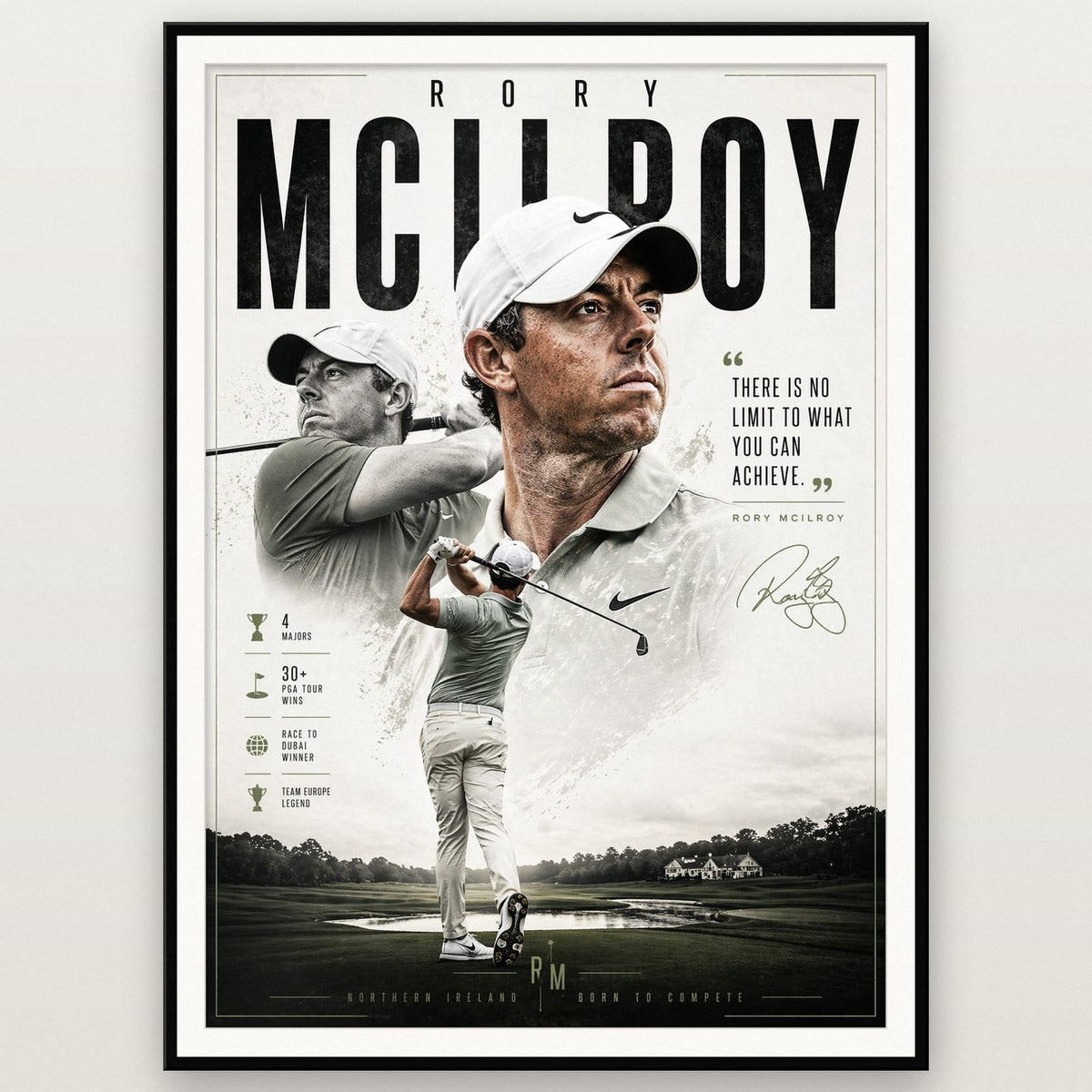 Rory McIlroy Wall Art Print shown in a black frame