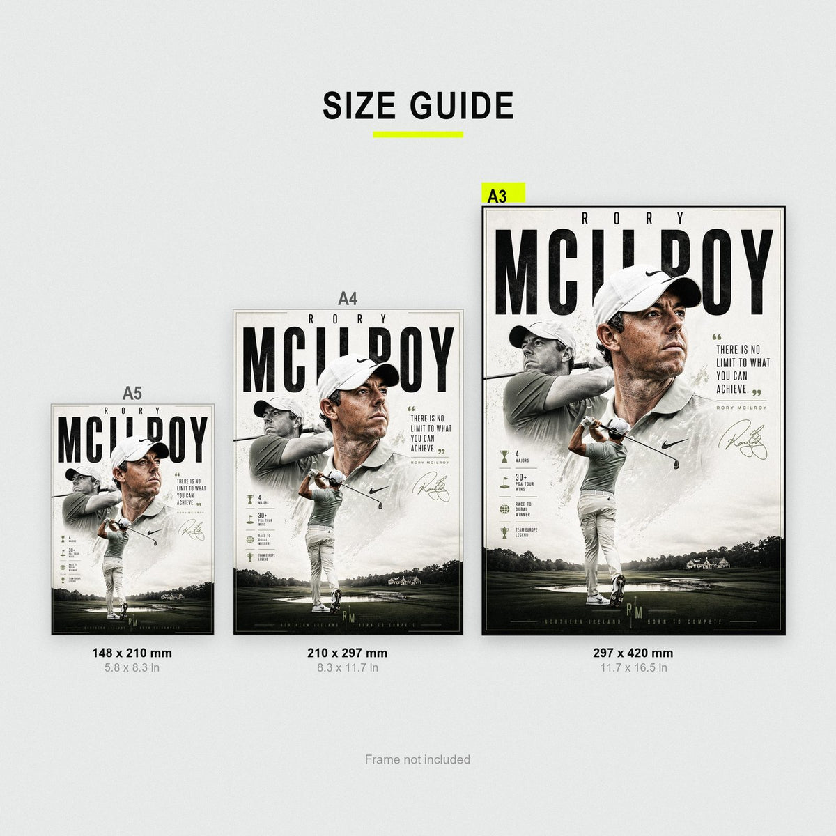 Rory McIlroy Wall Art Print size guide showing A3, A4 and A5
