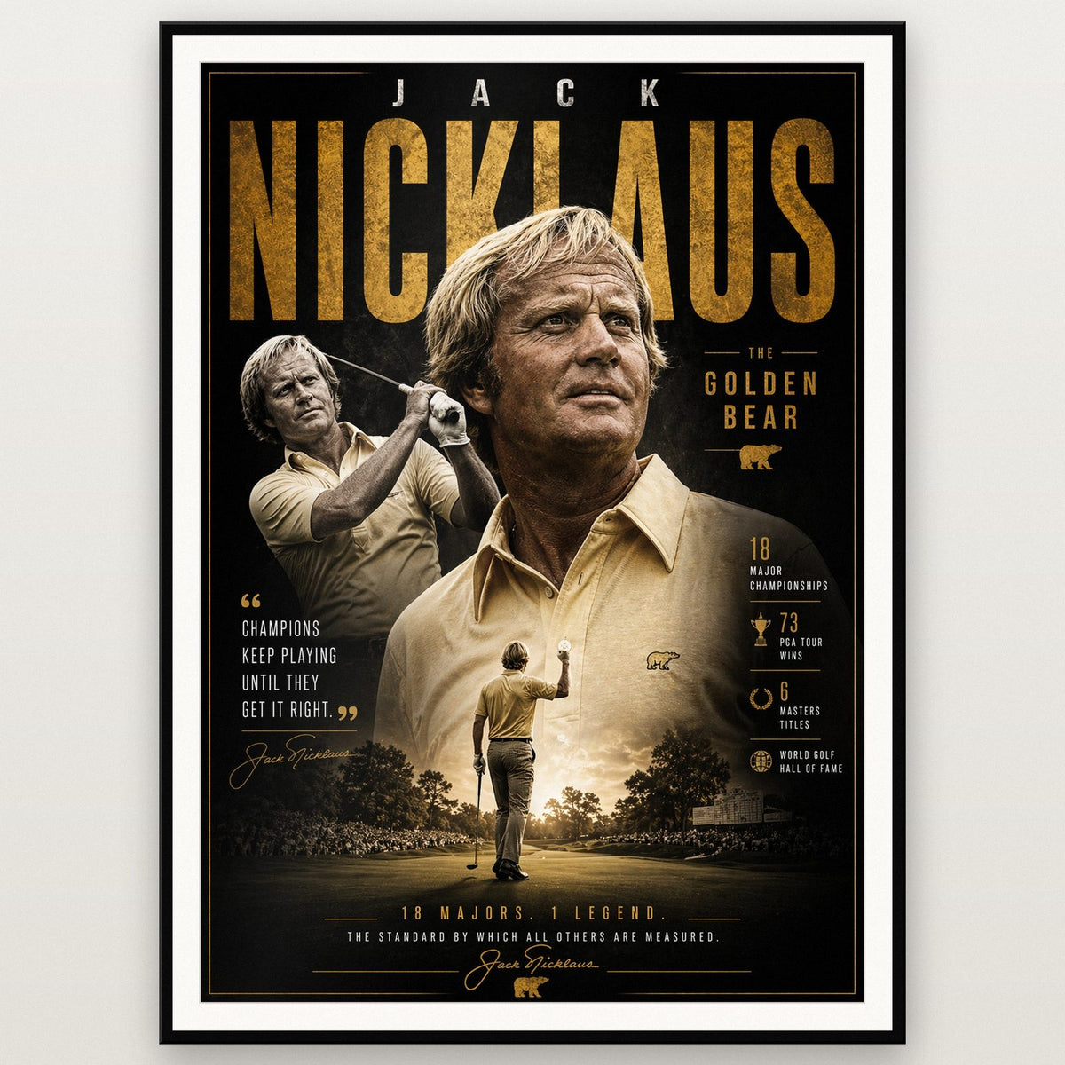 Jack Nicklaus Golf Legend Print shown in a black frame