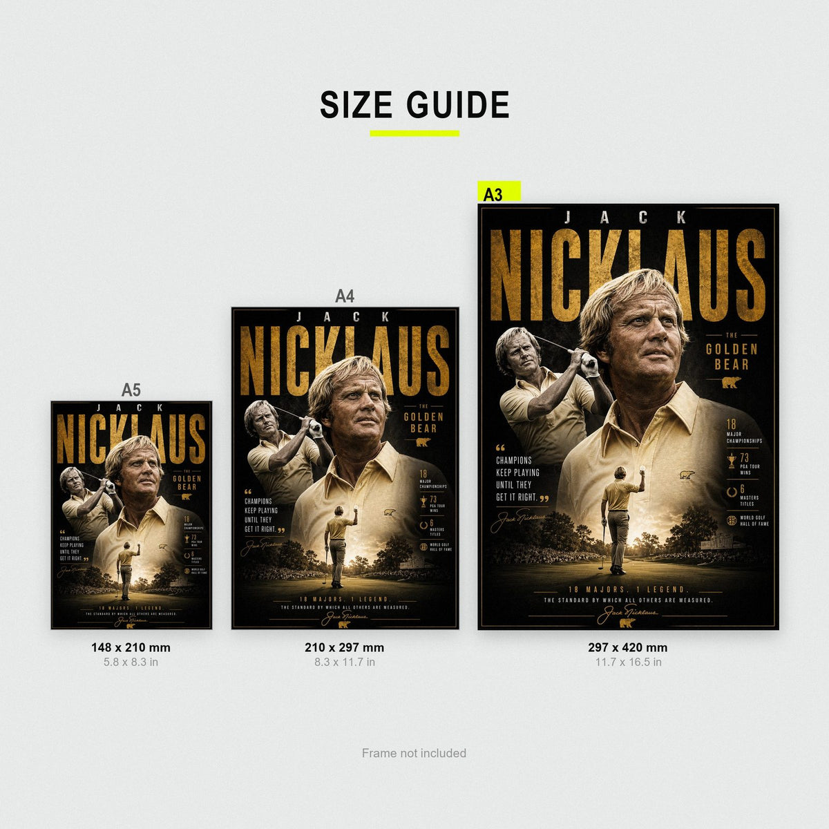 Jack Nicklaus Golf Legend Print size guide showing A3, A4 and A5