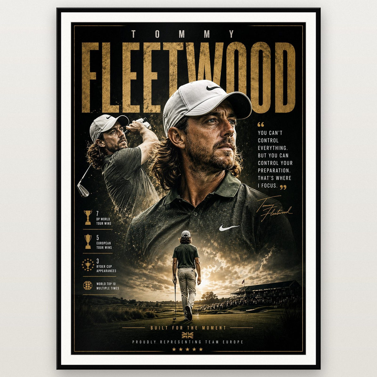 Tommy Fleetwood Golf Champion Print shown in a black frame