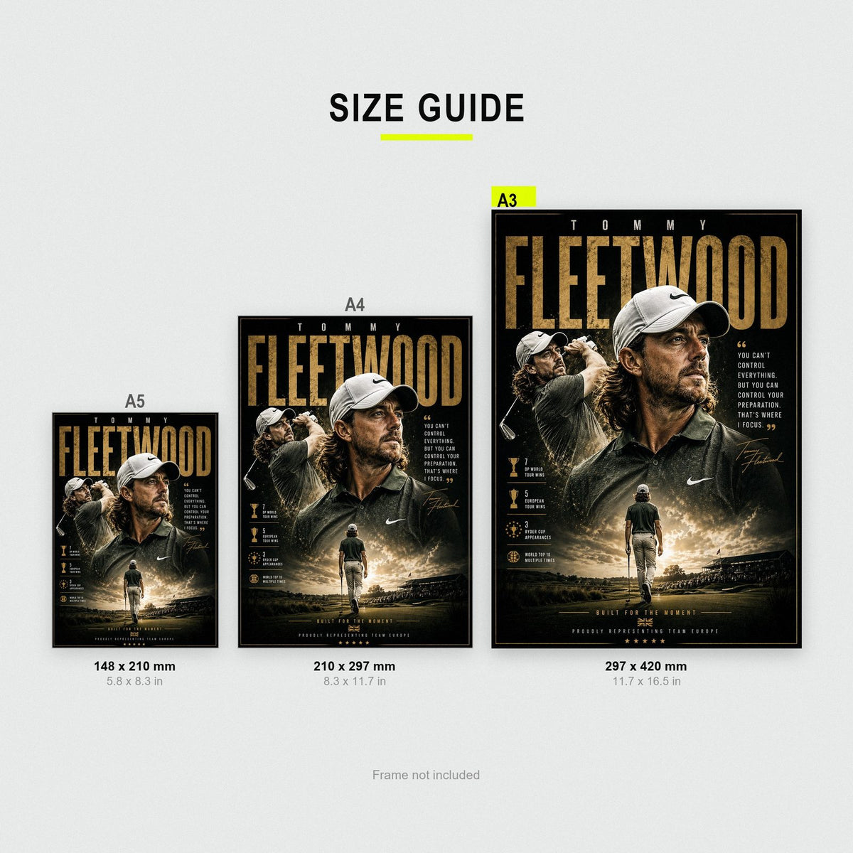 Tommy Fleetwood Golf Champion Print size guide showing A3, A4 and A5