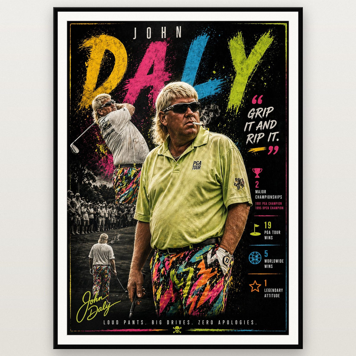 John Daly Golf Print shown in a black frame