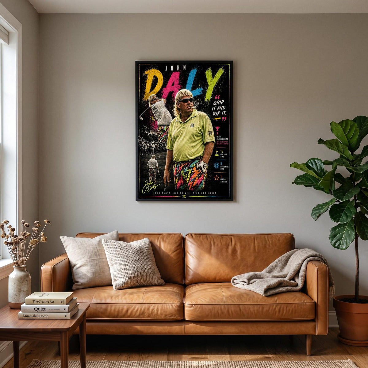 John Daly Golf Print hanging on a living room wall