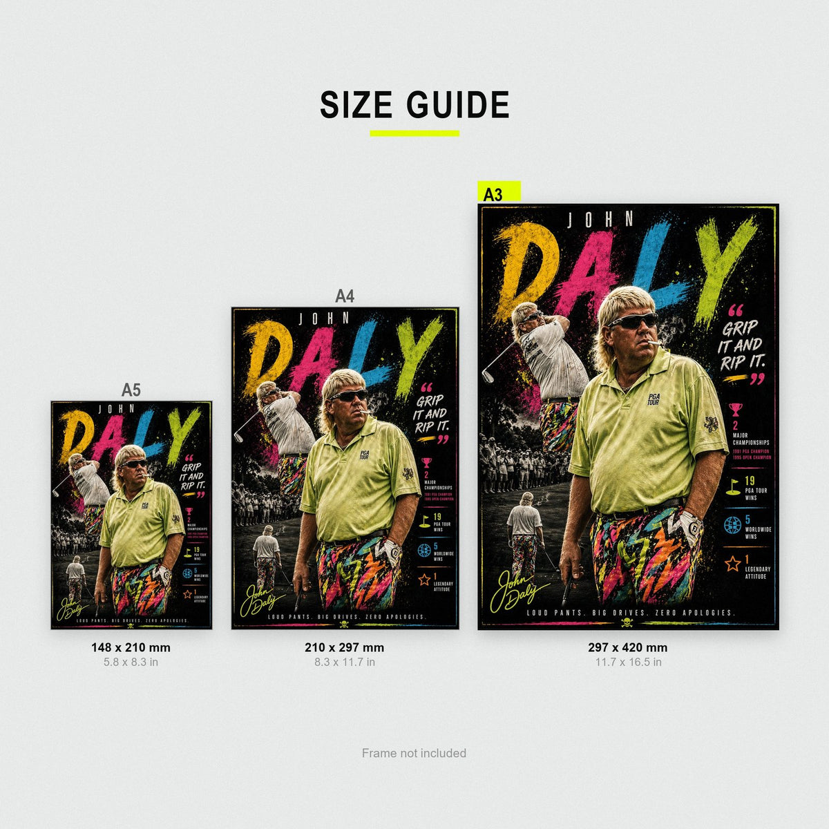 John Daly Golf Print size guide showing A3, A4 and A5