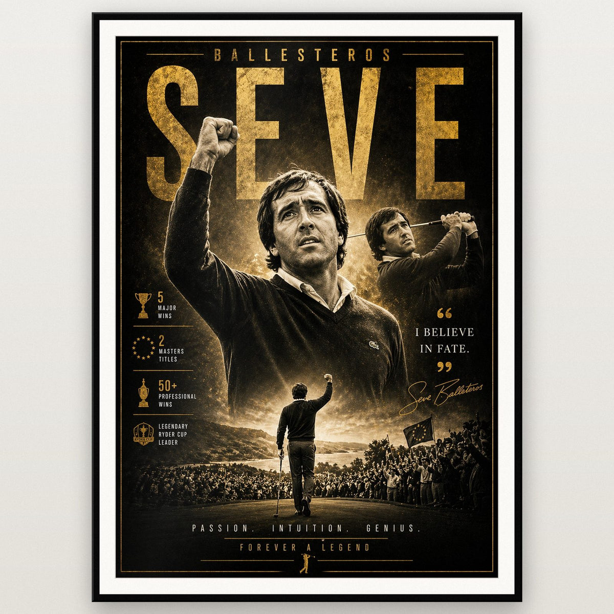 Seve Ballesteros Golf Legend Print shown in a black frame