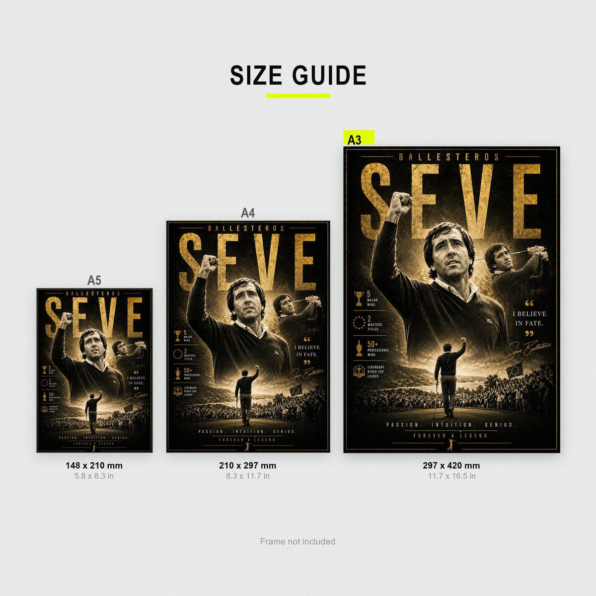 Seve Ballesteros Golf Legend Print size guide showing A3, A4 and A5