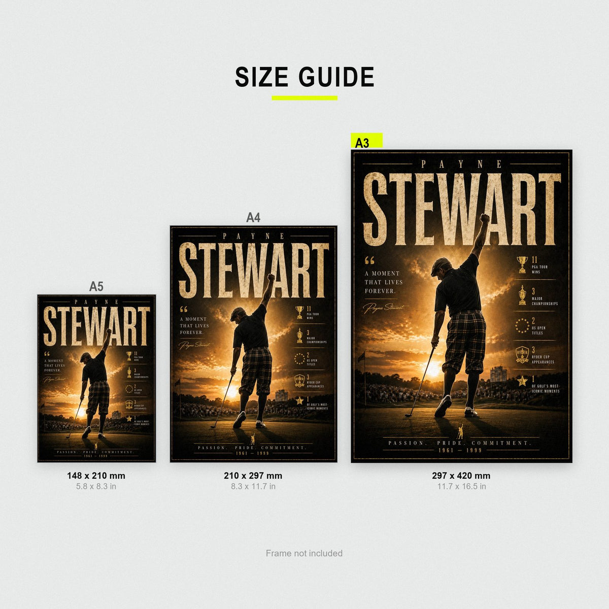 Payne Stewart Golf Legend Print size guide showing A3, A4 and A5