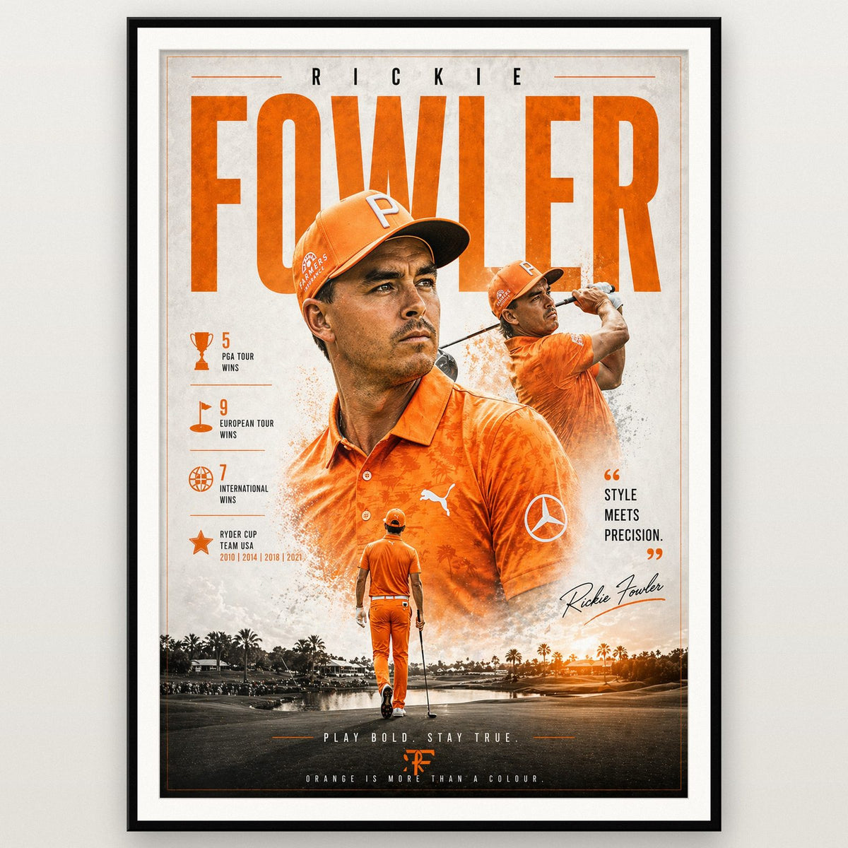 Rickie Fowler Golf Poster shown in a black frame