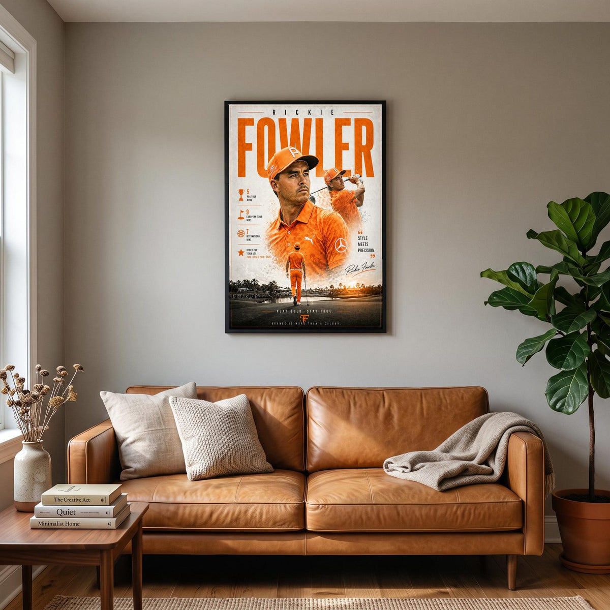 Rickie Fowler Golf Poster hanging on a living room wall