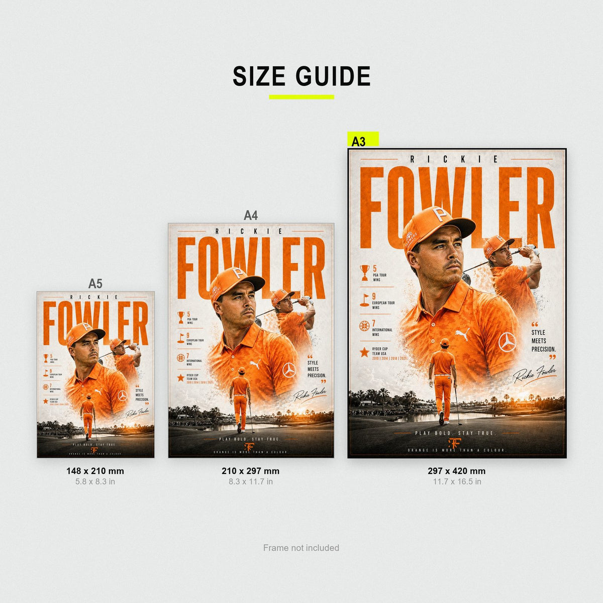 Rickie Fowler Golf Poster size guide showing A3, A4 and A5