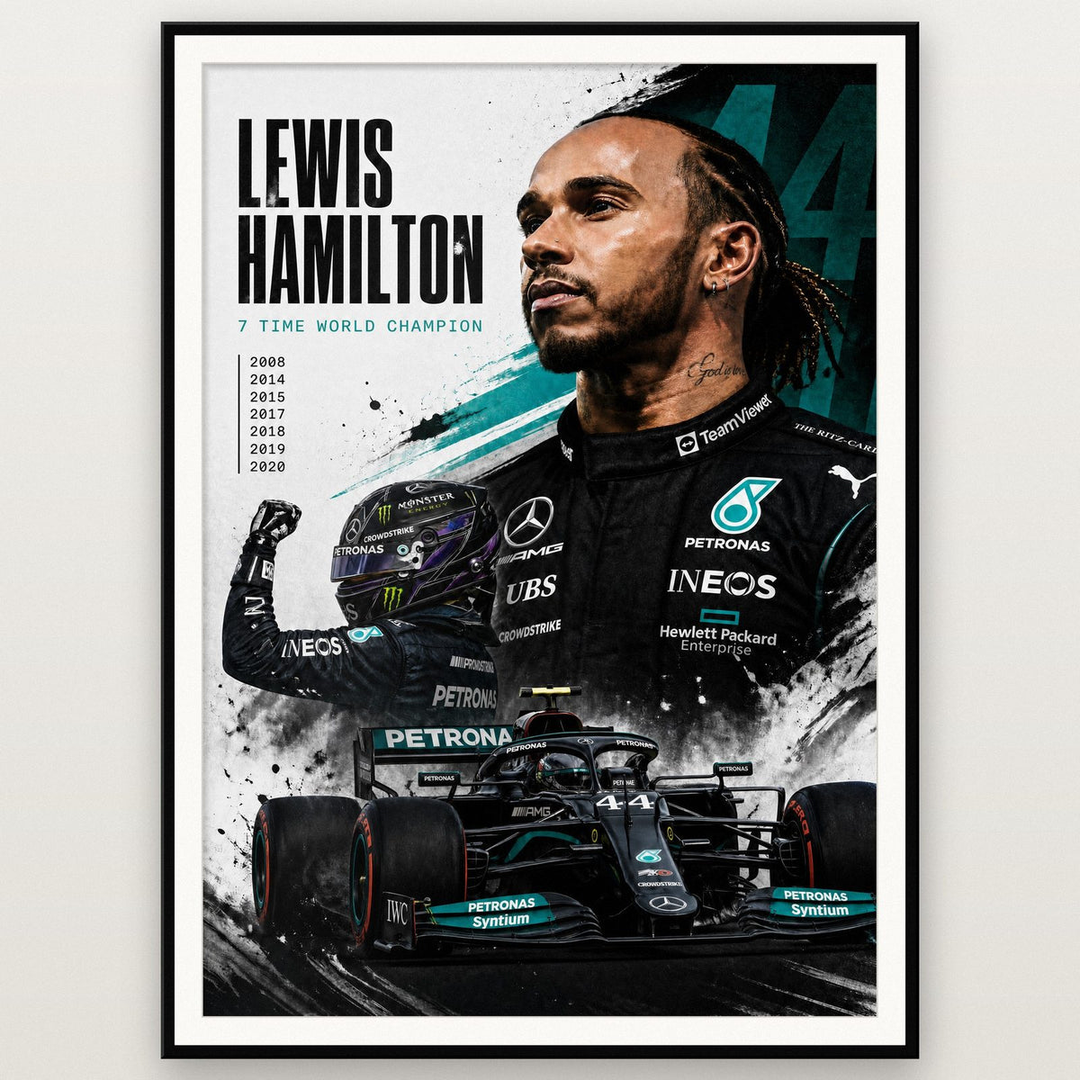 Lewis Hamilton F1 Champion Print shown in a black frame