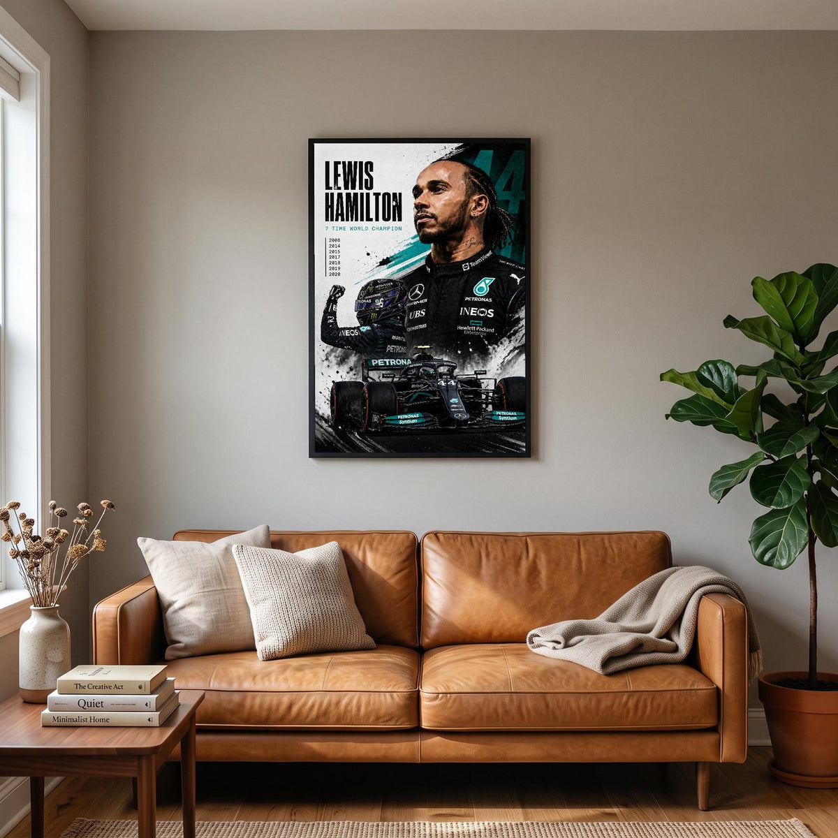 Lewis Hamilton F1 Champion Print hanging on a living room wall