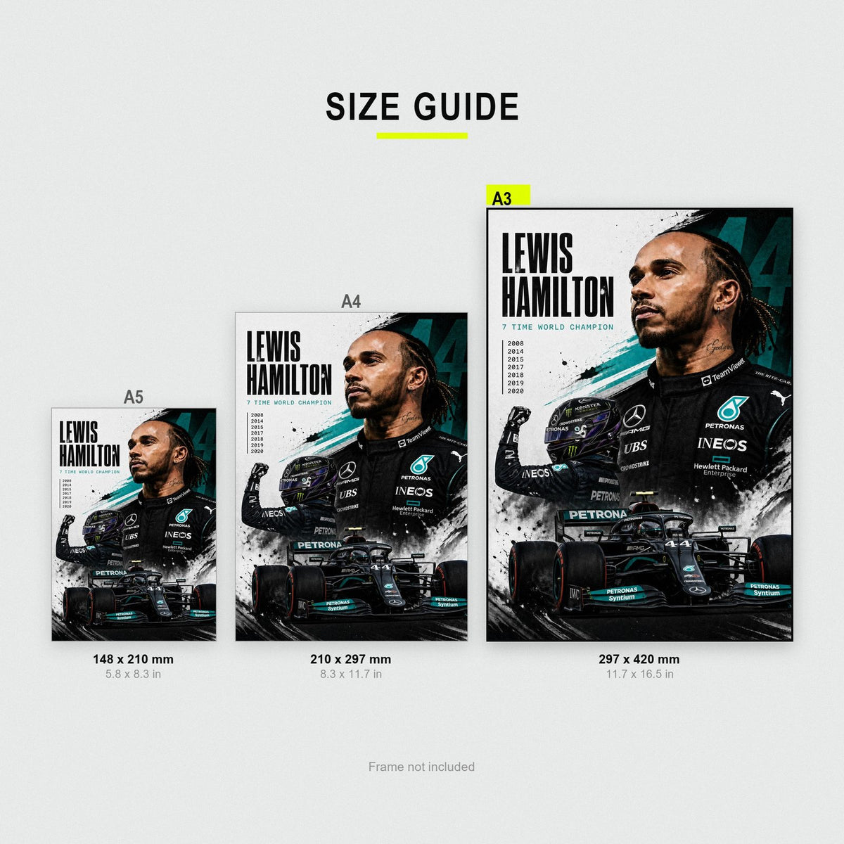 Lewis Hamilton F1 Champion Print size guide showing A3, A4 and A5