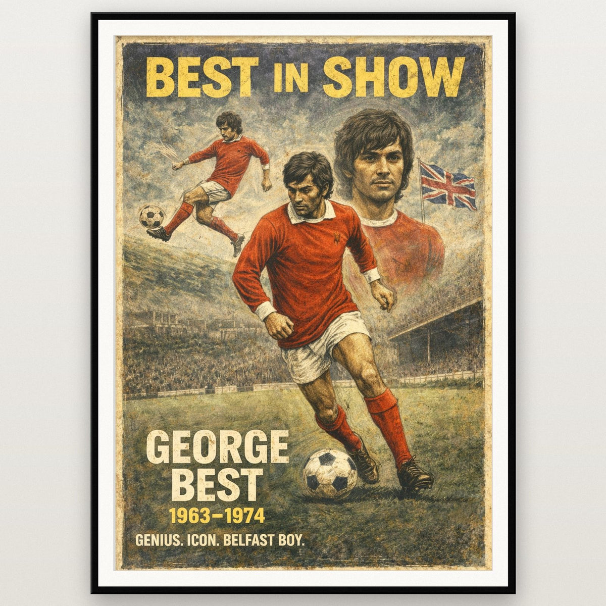 George Best Football Print shown in a black frame