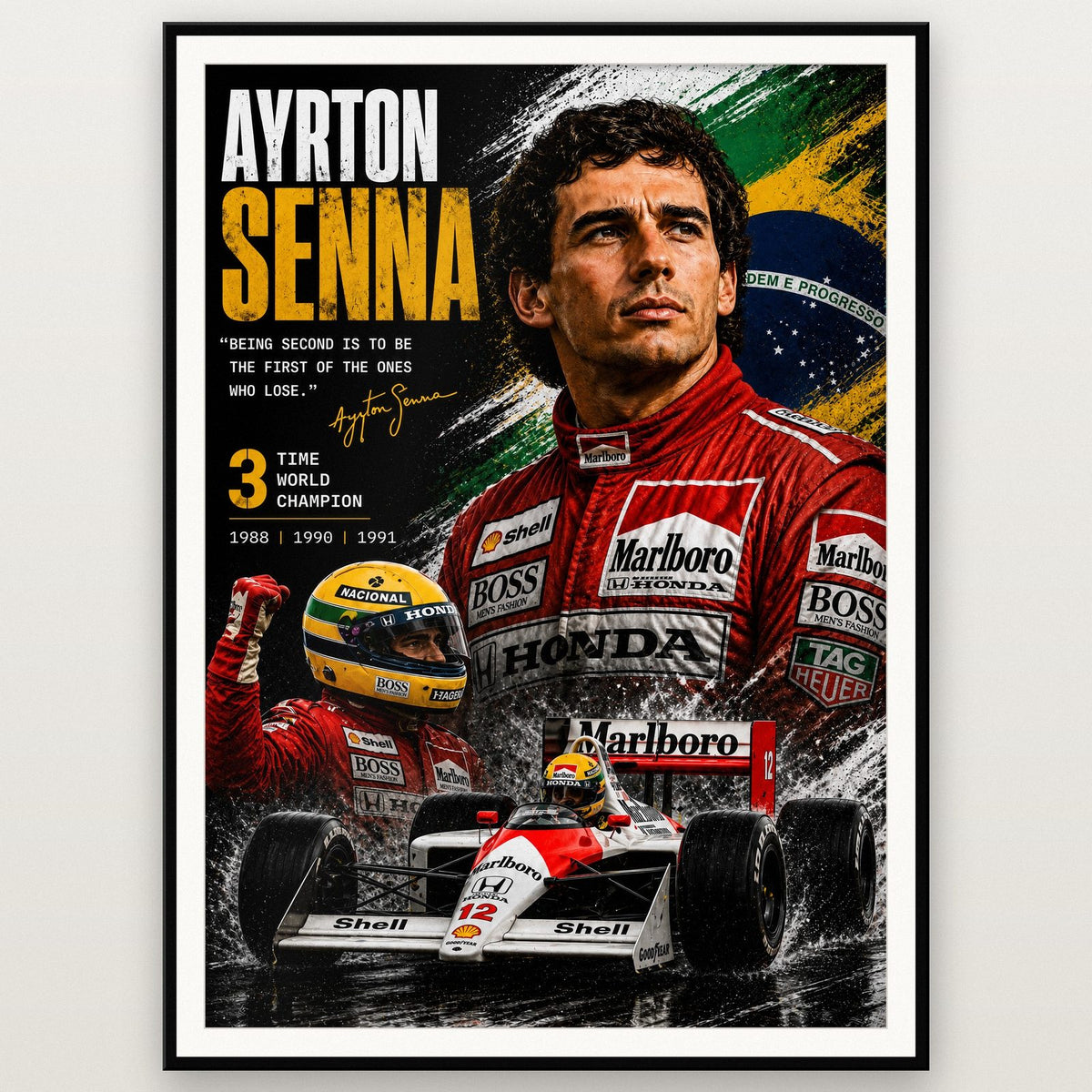 Ayrton Senna F1 World Champion Print shown in a black frame