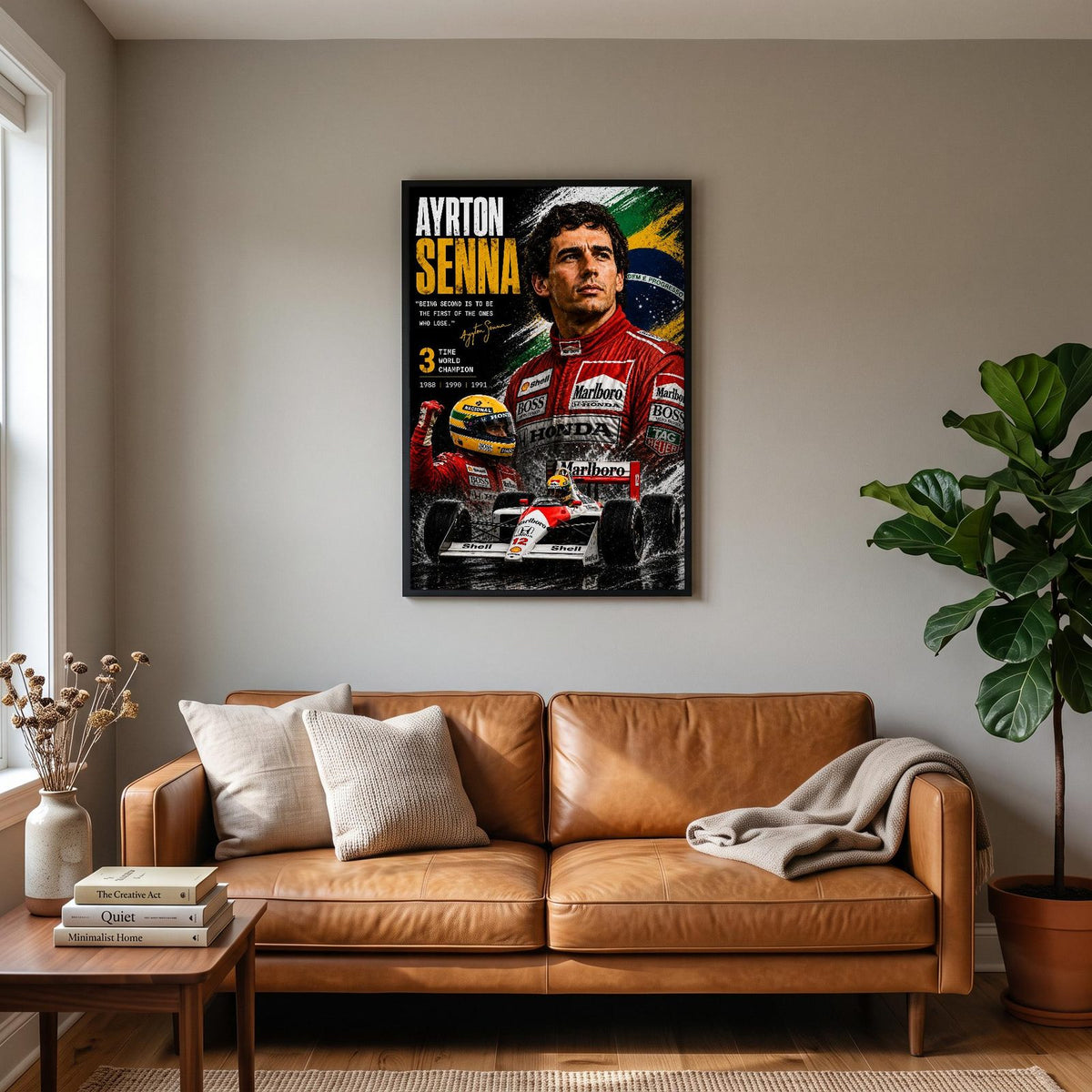 Ayrton Senna F1 World Champion Print hanging on a living room wall