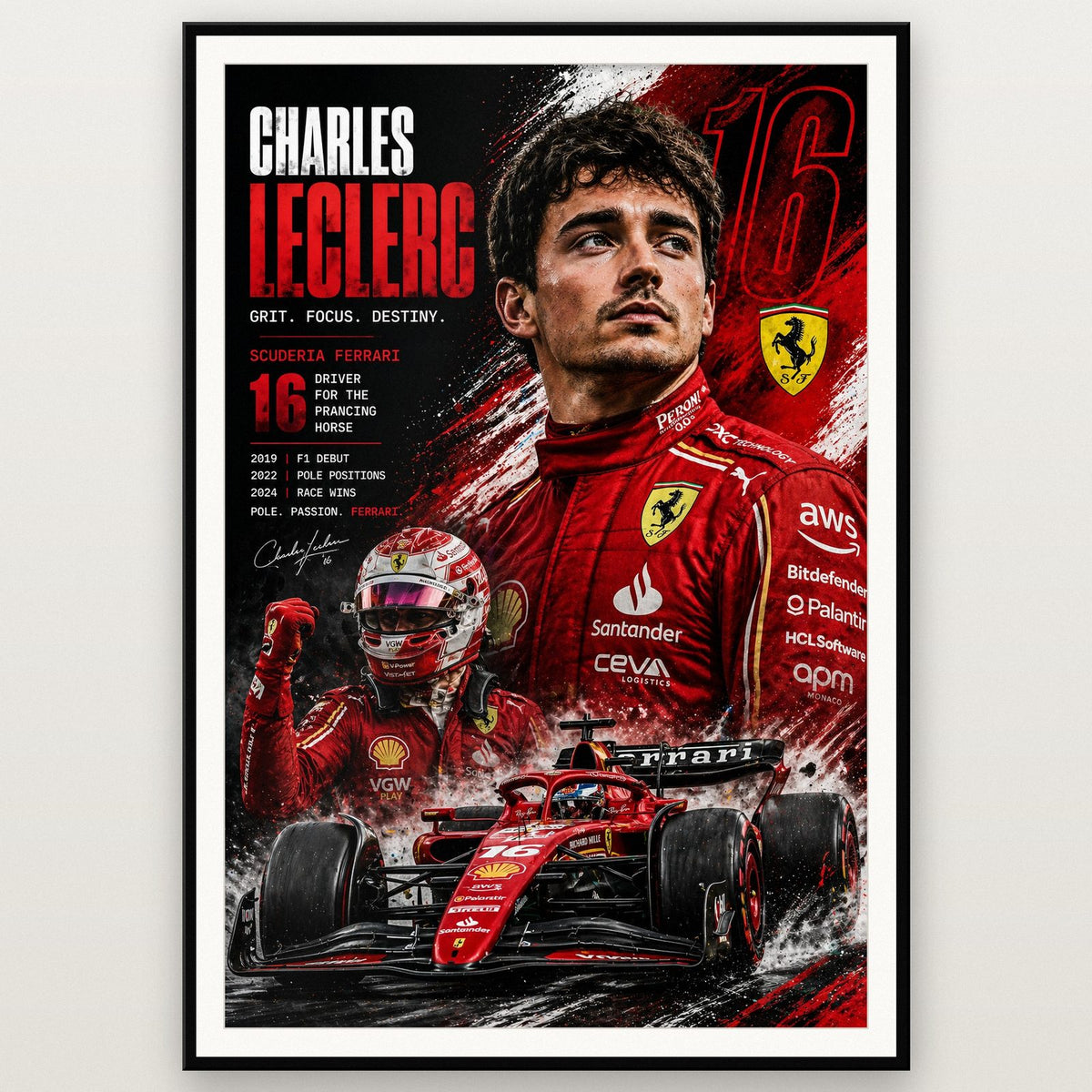 Charles Leclerc Scuderia Ferrari F1 Poster shown in a black frame