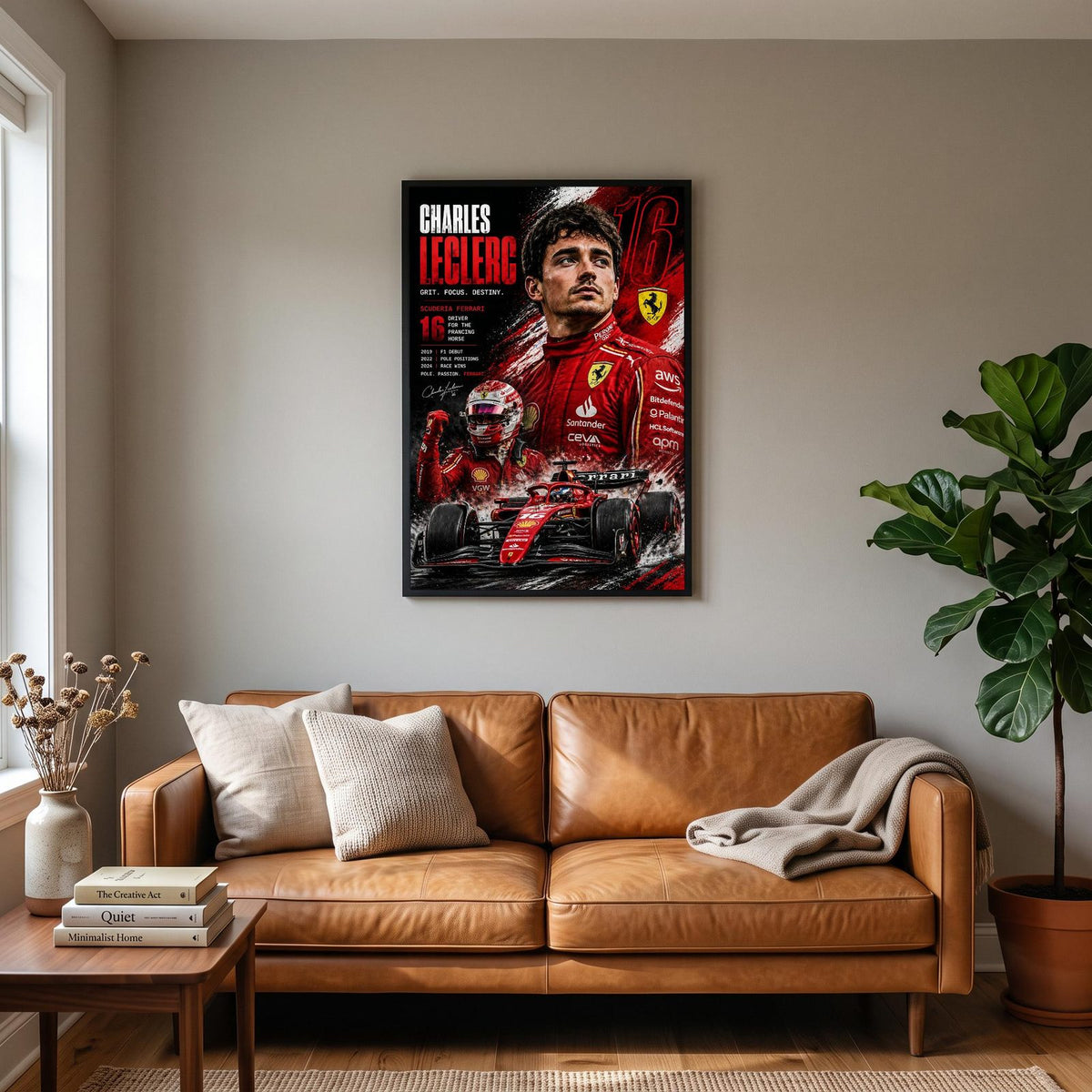 Charles Leclerc Scuderia Ferrari F1 Poster hanging on a living room wall
