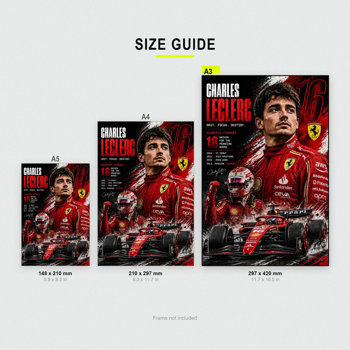 Charles Leclerc Scuderia Ferrari F1 Poster size guide showing A3, A4 and A5