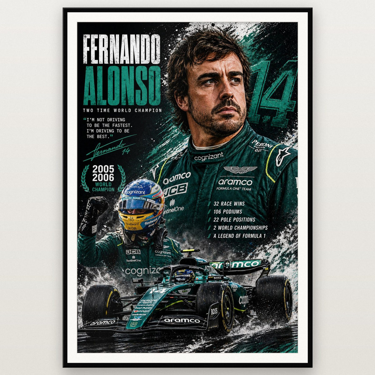 Fernando Alonso F1 Champion Print shown in a black frame