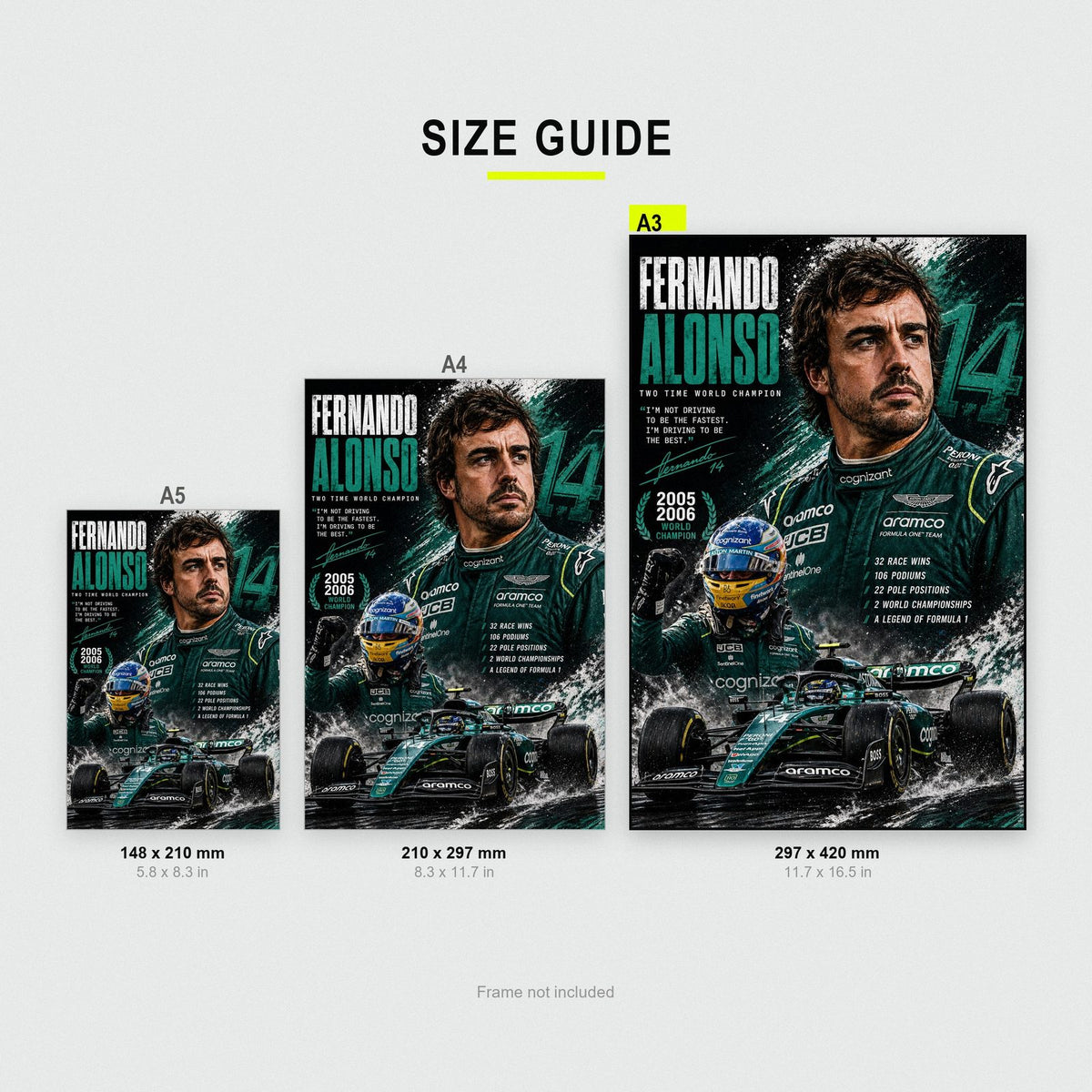 Fernando Alonso F1 Champion Print size guide showing A3, A4 and A5
