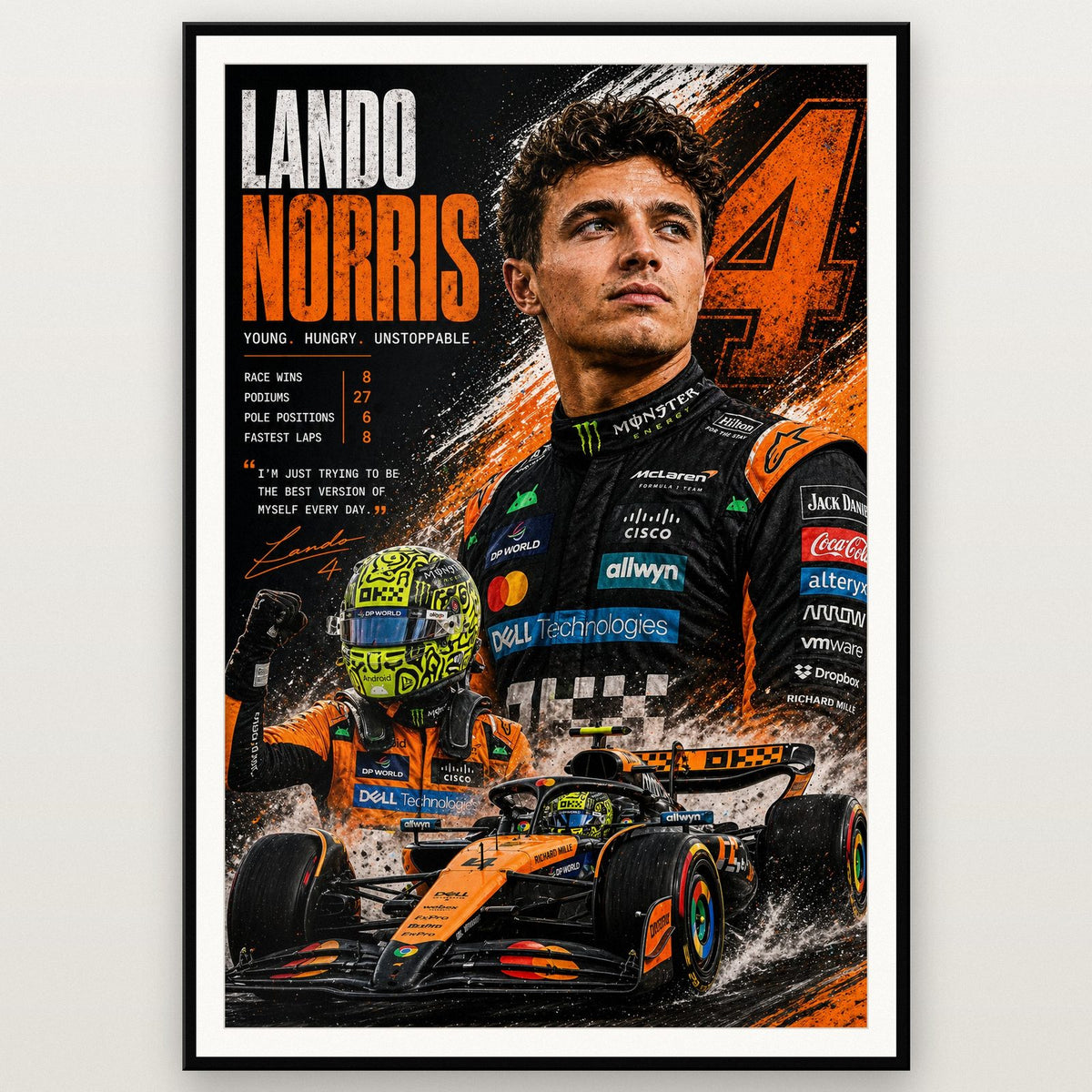 Lando Norris McLaren F1 Print shown in a black frame