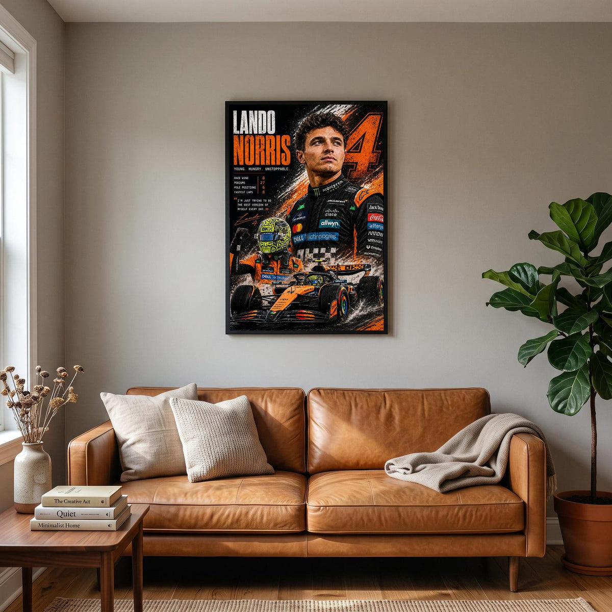 Lando Norris McLaren F1 Print hanging on a living room wall